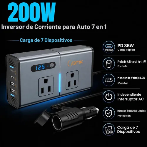 Vista 3 de BMK 200W Inversor de corriente para automóvil Nuevo adaptador de toma de corriente con USB DC 12V a 110V, cargador de automóvil con USB 1.2A y 2.4A