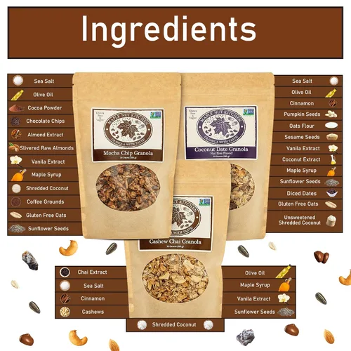 Vista 4 de Maple Nut Kitchen Paquete variado artesanal de granola Bites - Chai de anacardo, chips de moca y dátiles de coco 10 onzas cada uno Sin gluten