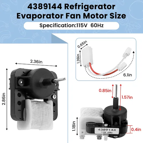 Vista 2 de AMI PARTS Motor del ventilador del evaporador del refrigerador 4389144 - Sustituye a W10131845 W10312647 2149299 2162404 2188303 4389144VP 921541