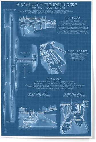 Vista 9 de Lantern Press Decoración de pared con impresión artística de 8 x 12 pulgadas, Seattle, Washington, Ballard Locks Technical (versión Blueprint)