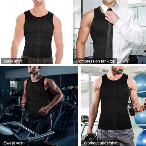 Vista 6 de Camiseta de compresión para hombre, chaleco moldeador de cuerpo, sin mangas, con cremallera, camiseta sin mangas, faja moldeadora para el estómago
