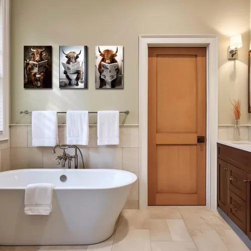 Vista 2 de LZIMU 3 impresiones en lienzo de vaca de las tierras altas – Divertidas imágenes de animales de baño – enmarcado (11 x 14 pulgadas, 3 piezas)