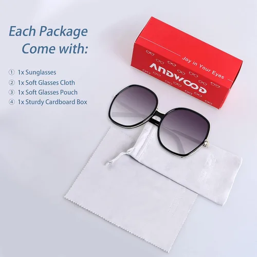 Vista 6 de ANDWOOD Lentes de sol de gran tamaño para mujer, marco ancho cuadrado, retro, moderno, protección UV