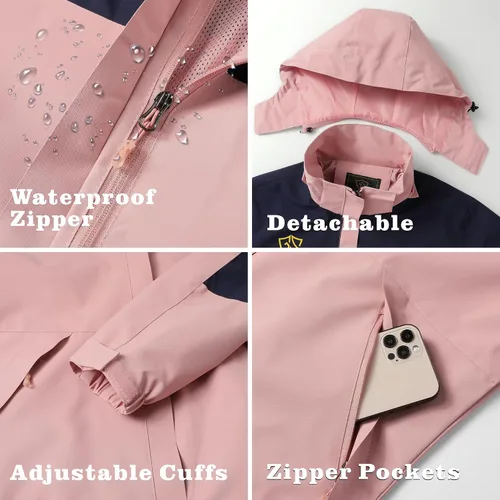 Vista 5 de GIISAM Chaqueta de lluvia para mujer, impermeable, ligera, impermeable, impermeable, rompevientos, con capucha
