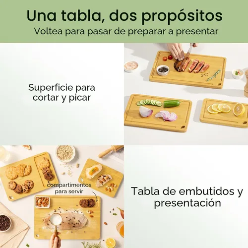 Vista 3 de Keechee Tabla de Cortar de Madera para Cocina - Juego de Regalo de 3 Tablas de Cortar Reversibles de Bambú con Ranura para Jugos, Tabla de Cortar