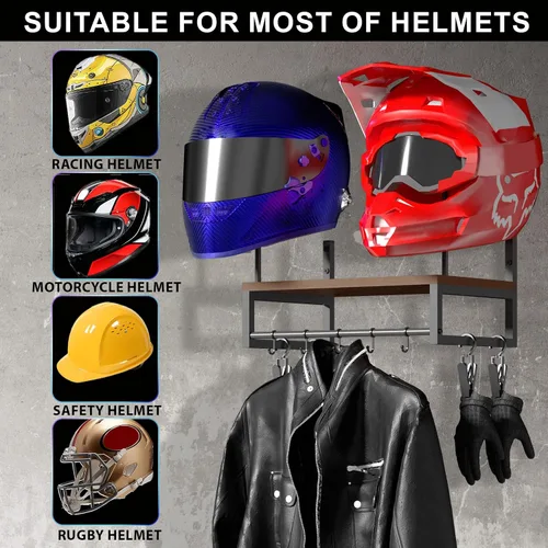 Vista 3 de Soporte de pared para casco, estante retro para casco con tabla de madera, 2 soportes para casco para almacenamiento de equipo de motocicleta