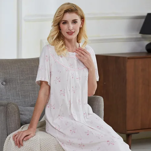 Vista 4 de Keyocean - Camisón de algodón para mujer, suave, cómodo, ligero, manga corta, vestido de casa, ropa de dormir, ropa de sala para verano.