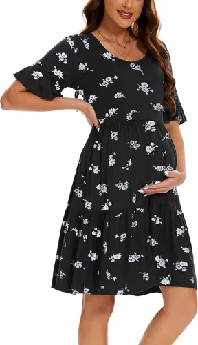 Vista 5 de Smallshow Vestido de maternidad para mujer, con volantes, manga corta, ropa de embarazo de verano Verde militar