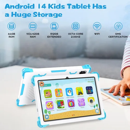 Vista 2 de Tablet para niños de 10 pulgadas Android 14 con funda protectora, Octa-Core, 10GB+64GB/512GB expandible, batería de 6000mAh, WiFi, BT, control