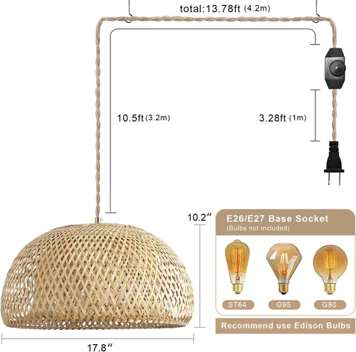 Vista 4 de Lámpara colgante grande de bambú enchufable con cable tejido hecho a mano de 14 pies, interruptor regulable, lámpara colgante de cesta rústica