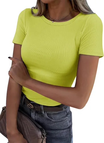 Vista 22 de Roselux - Camiseta ajustada de manga corta con cuello redondo de canalé, camiseta básica de punto. Beige