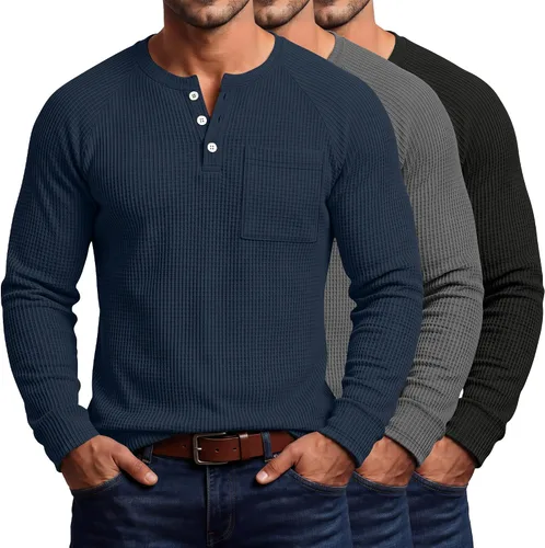 Vista 6 de August Alley Paquete de 3 camisas Henley tipo gofre grandes y altas