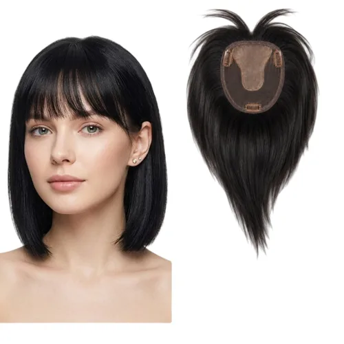 Vista 9 de Peluca de cabello humano para mujer con flequillo, peluca con clip para cabello fino + base de cuero cabelludo de poliuretano de alta densidad