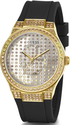 Vista 2 de GUESS Reloj para mujer de 1.535 in - Correa negra con esfera transparente de caja dorada, Negro -, Moderno
