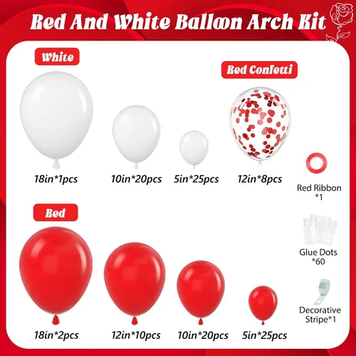 Vista 2 de Juego de 114 globos rojos y blancos, kit de arco de globos rojos y blancos para boda, compromiso, Navidad, día de San Valentín, cumpleaños