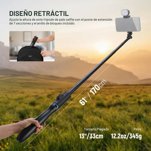 Vista 4 de NEEWER Trípode selfie stick de nivel de entrada con luz y control remoto compatible con iPhone Samsung Android, soporte portátil extensible de 67