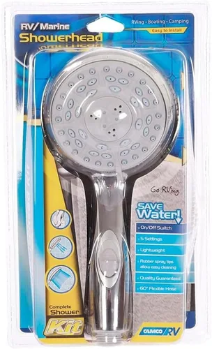 Vista 2 de Cabezal de ducha Camco con interruptor de encendido/apagado, Cabezal de ducha y manguera flexible de ducha de 1.52 cm, Cromado