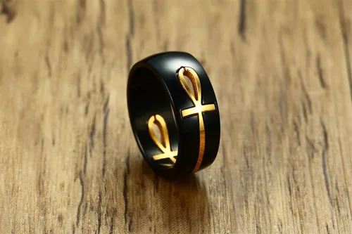 Vista 3 de XUANPAI Anillos Eye of Horus para hombres y mujeres, joyería egipcia pulida de acero inoxidable, joyería egipcia de moda, diseño de Ankh, joyería