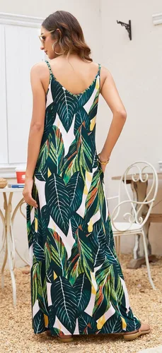 Vista 5 de Supnier - Vestido largo de verano para mujer, vestido flora, informal y bohemio con cuello en V, sin mangas, con tirantes delgados y bolsillos