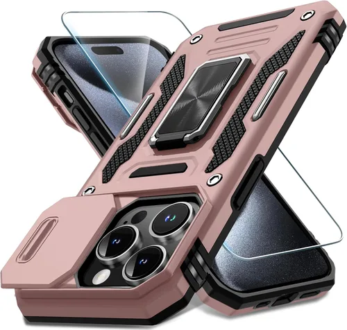 Vista 8 de DEERLAMN Funda para iPhone Xs Max con funda deslizante para cámara + protector de pantalla, soporte giratorio de anillo de grado militar a prueba