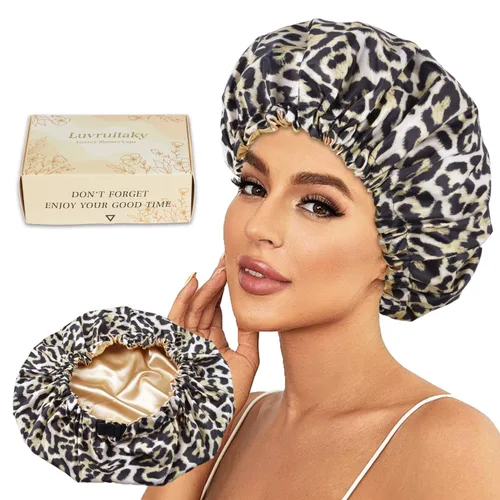 Vista 13 de 2 piezas de gorras de ducha para mujer, gorras de ducha reutilizables impermeables para el cabello con moño ajustable, lujosa gorra de baño para Rosa