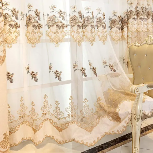 Vista 12 de ELKCA Cortina de Chenille Bordada Beige de Estilo Europeo para Sala de Estar, Elegantes Cortinas Florales de Chenille para Dormitorio, Parte