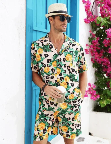 Vista 4 de LUCKYOUNG Conjunto de camisa hawaiana y pantalón corto para hombre, 2 piezas, camisa de manga corta con botones, trajes de vacaciones en la playa