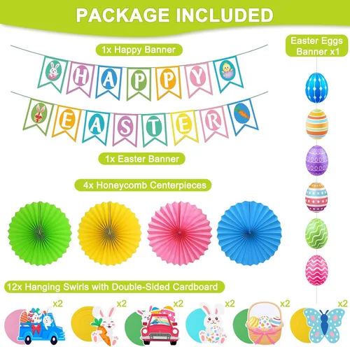Vista 3 de 32 piezas de decoraciones de Pascua, decoración de Pascua, pancarta de Pascua feliz huevo conejo, guirnalda colgante para el hogar, oficina