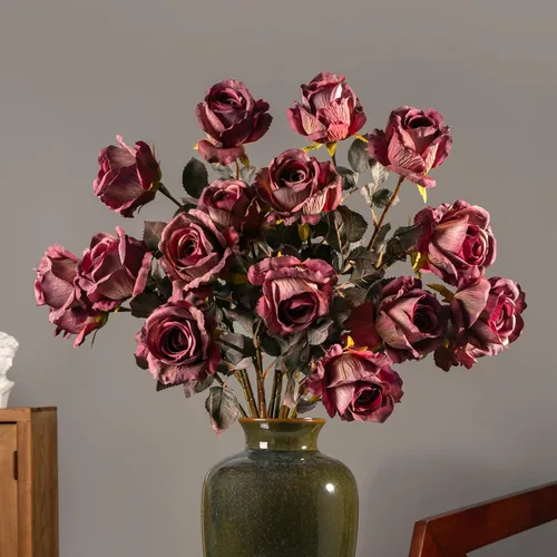 Vista 14 de Rosas artificiales de 23.2 pulgadas, flores artificiales de tallo largo para jarrón alto, rosa de seda para otoño, adecuadas para decoración gótica