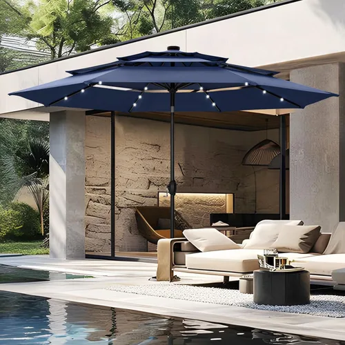 Vista 8 de PHI VILLA - Sombrillas de patio de 9 pies con 24 luces LED solares, sombrilla iluminada para mesa de mercado al aire libre con 8 varillas de acero