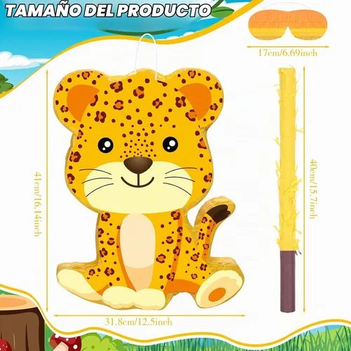 Vista 2 de Aoriher Piñata de guepardo, suministros de fiesta de leopardo con vendas y murciélagos, suministros de cumpleaños con estampado de leopardo