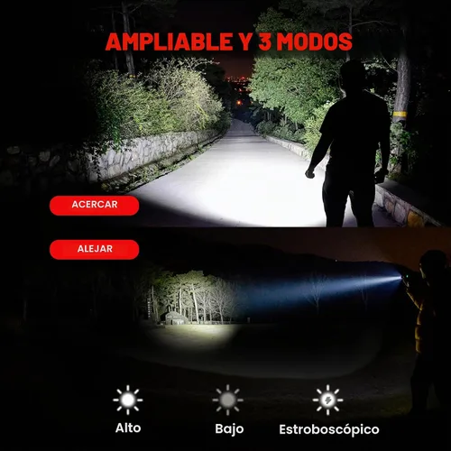 Vista 2 de Linterna LED táctica de grado militar, 3 modos, 3000 lúmenes, impermeable, con zoom, paquete de 4