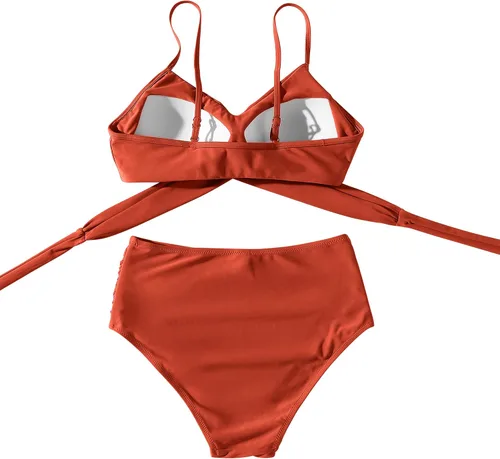 Vista 4 de SUUKSESS - Traje de baño tipo bikini para mujer, 2 piezas, entrecruzado, de tiro alto, con efecto de realce