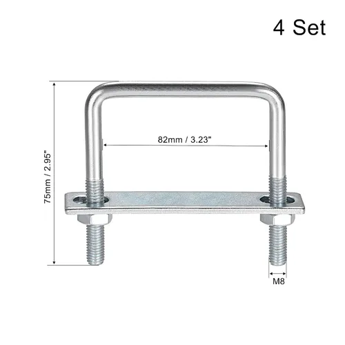 Vista 37 de uxcell Pernos cuadrados en U de 1 "(25 mm) de ancho interior de acero al carbono M8 con tuercas, placa de marco, arandelas redondas, juego de 4