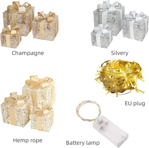 Vista 3 de Juego de 3 cajas de regalo iluminadas de Navidad, cajas de regalo iluminadas de Navidad con lazo, cajas de regalo preiluminadas, cajas de Navidad