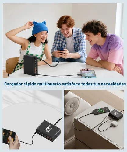 Vista 7 de Estación de carga USB C de 10 puertos con 4 cables USB, bloque de cargador GaN tipo C de 200W, adaptador de enchufe de regleta de alimentación