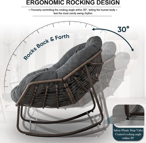Vista 4 de Juego de 2 mecedoras para exteriores, silla mecedora de huevos de mimbre de gran tamaño, para interiores y exteriores, cómoda silla mecedora con Gris