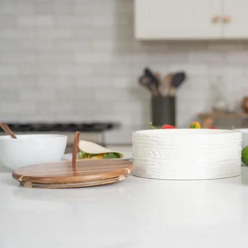 Vista 8 de Auténtico calentador de tortillas de madera y cerámica, soporte para tortillas con tapa, calentador de pan, soporte para panqueques, caja Roti, 8.5