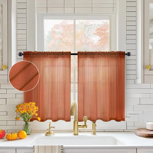 Vista 23 de MIULEE Cortinas semitransparentes 24 pulgadas de largo 2 paneles para ventana de cocina sobre el fregadero, cortinas cortas pequeñas de café