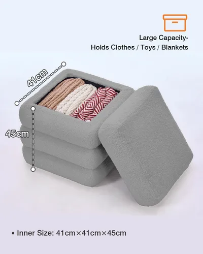Vista 7 de ABHENG Juego cuadrado de 2 otomanes de almacenamiento Sherpa con tapa removible, carga hasta 440 libras, reposapiés, taburete de tocador Boucle