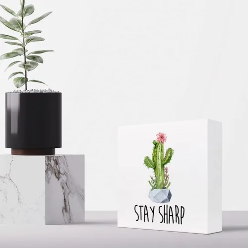 Vista 4 de z-crange Letrero inspirador de madera con texto en inglés "Stay Sharp", caja de madera motivacional para el hogar, granja, oficina, dormitorio
