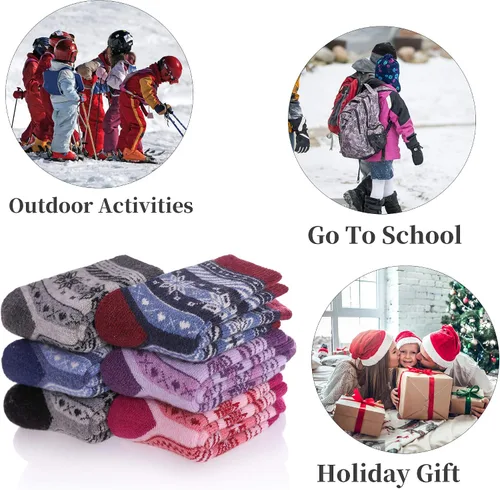 Vista 6 de FNOVCO Kids Merino Wool Hiking Socks Toddlers Boys Girls Cozy Thermal Winter Thick Warm Crew Socks 6 Pairs
