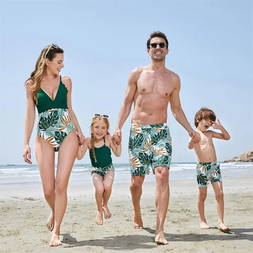 Vista 2 de PATPAT Mommy and Me - Traje de baño a juego de una pieza con estampado de hojas y cuello en V, conjunto de traje de baño familiar a juego
