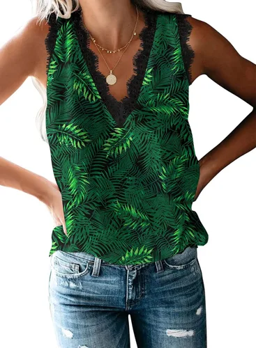 Vista 241 de VIISHOW - Camiseta sin mangas, sexy, con cuello en V y bordes de encaje para mujer, camisola de vestir, camisas de gasa, sin mangas, casuales