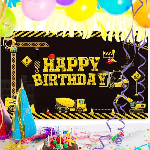 Vista 4 de Tatuo Cartel de cumpleaños con temática de construcción, 6.1 x 3.6 pies, suministros de fotografía, fiestas, camión volquete, decoración de fiesta