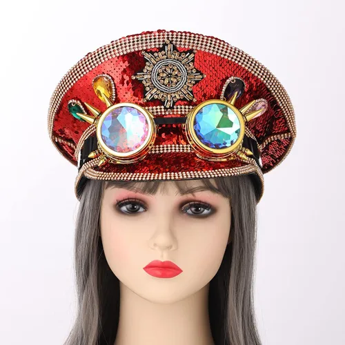 Vista 4 de COSDREAMER Sombrero de lentejuelas para mujer, sombrero de capitán militar con gafas
