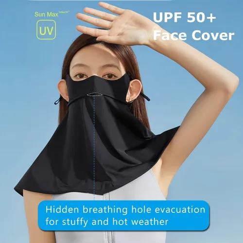 Vista 4 de Máscara facial de protección solar UPF 50+, polaina de cuello de seda de hielo, cubierta facial reutilizable UV, máscara refrescante transpirable