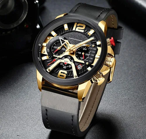 Vista 2 de Reloj de pulsera analógico de cuarzo para hombre, cronógrafo, impermeable, correa de cuero, correa de cuero, reloj de pulsera