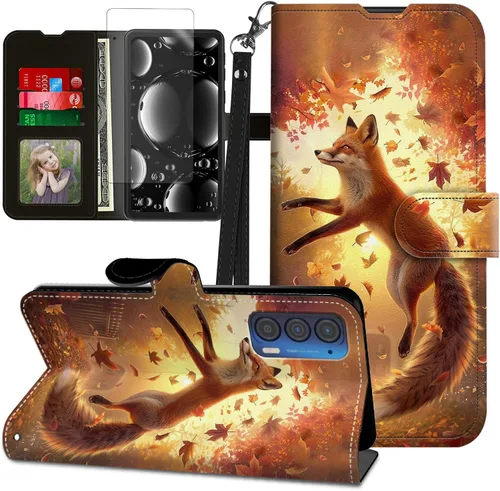 Vista 284 de Funda para Motorola Edge 2022 con protector de pantalla, soporte y tarjetero y correa para la muñeca, funda magnética para Moto Edge 2022 5G UW Lobo