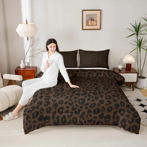 Vista 2 de Manfei Juego de edredón con estampado de leopardo, tamaño individual, juego de ropa de cama con estampado de guepardo marrón y negro, 2 piezas Negro